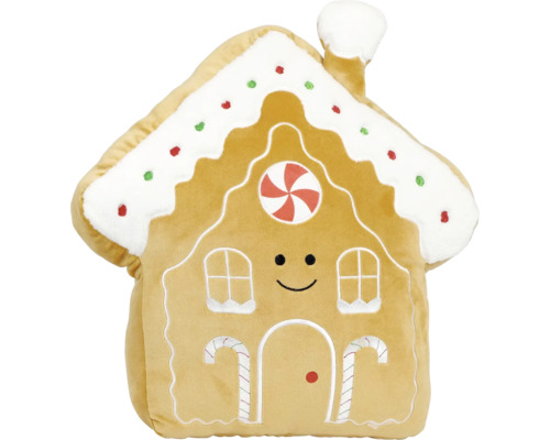 Weiches Plüschkissen in Form eines Lebkuchenhauses mit lachendem Gesicht und dekorativen Stickereien.