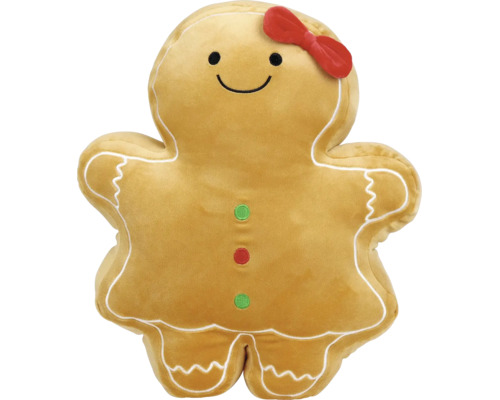 Plüschkissen in Form eines Lebkuchenmännchens mit roter Schleife, Gesicht und verzierten Kanten.