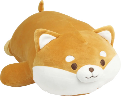 Plüschtier Shiba Inu liegend, weiches Stofftier Hund in Braun und Weiß.