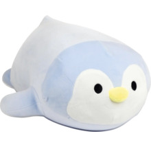 Blau-weißes Pinguin-Plüschtier aus weichem Material in Kissenform mit gelbem Schnabel.