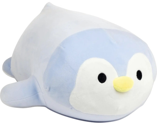 Blau-weißes Pinguin-Plüschtier aus weichem Material in Kissenform mit gelbem Schnabel.