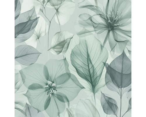 Tapete mit botanischem Muster aus transparenten, übereinanderliegenden Blättern und Blüten.