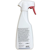 Rückseite einer Sprühflasche Avital Armaturenreiniger 500 Milliliter mit Produktinformationen und Gebrauchsanweisung.