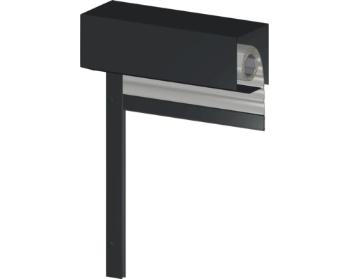 Vorbaurollladen mit eckigem Kasten in Anthrazit, Führungsschiene und silbernen Lamellen.