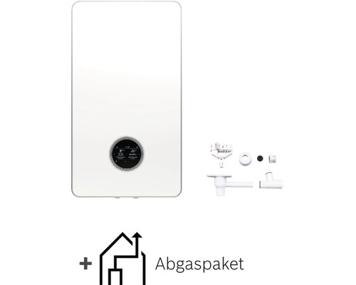 Gas-Brennwerttherme mit digitalem Display und passendem Abgaspaket bestehend aus verschiedenen Montageteilen.
