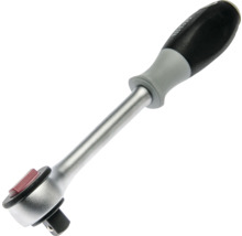 Umschaltknarre mit ergonomischem Mehrkomponentengriff und Vierkantantrieb.
