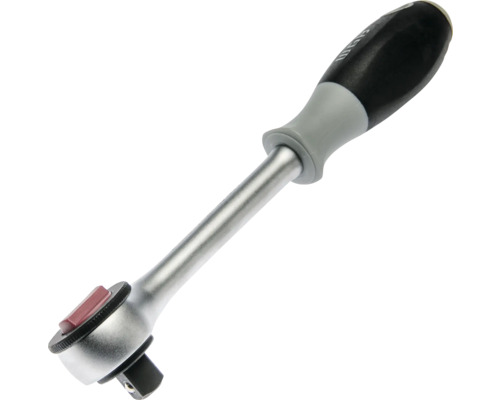Umschaltknarre mit ergonomischem Mehrkomponentengriff und Vierkantantrieb.