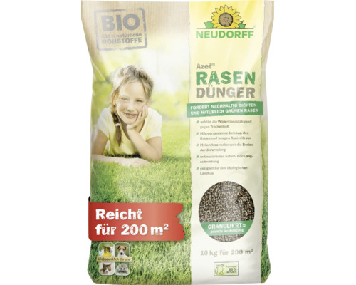 Neudorff Azet Rasendünger, 10 Kilogramm Sack für 200 Quadratmeter, organischer Dünger aus natürlichen Rohstoffen.
