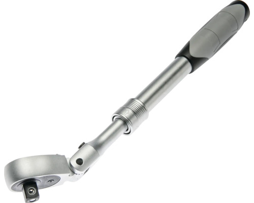 Teleskop-Gelenkknarre mit verstellbarem Griff und schwenkbarem Kopf aus Metall.