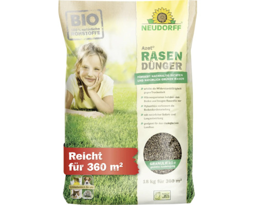 Neudorff Azet Rasendünger 18 Kilogramm für 360 Quadratmeter, organischer Bio-Dünger aus 100 Prozent natürlichen Rohstoffen, granuliert.
