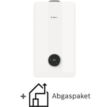 Weiße Bosch Gas-Brennwerttherme mit kreisförmiger Digitalanzeige und Bosch Logo inklusive Abgaspaket.