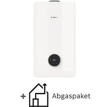 Bosch Gas-Brennwerttherme inklusive Abgaspaket mit rundem Display zeigt 25.6 Grad Celsius an. Bosch Logo.