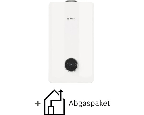 Bosch Gas-Brennwerttherme inklusive Abgaspaket mit rundem Display zeigt 25.6 Grad Celsius an. Bosch Logo.