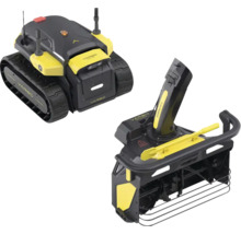 Yarbo modularer Roboter mit Raupenantrieb und separat abgebildetem Schneefräsen-Modul.