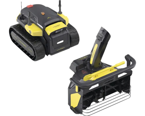 Yarbo modularer Roboter mit Raupenantrieb und separat abgebildetem Schneefräsen-Modul.
