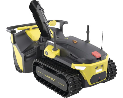Gelbe und graue robotische Schneefräse mit Gummiketten, schwarzem Auswurfschacht und Frontsensoren.