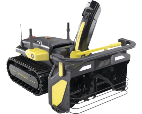 Yarbo Roboter-Schneefräse mit Raupenantrieb und Auswurfkamin in Schwarz und Gelb.