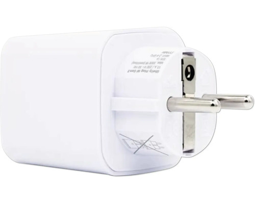 Weiße smarte Steckdose Shelly Plug M Gen3 mit Schutzkontaktstecker.