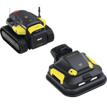 Modulares Yarbo Mähroboter-System mit einer Antriebseinheit auf Raupenketten und einem Mähdeck-Aufsatz.