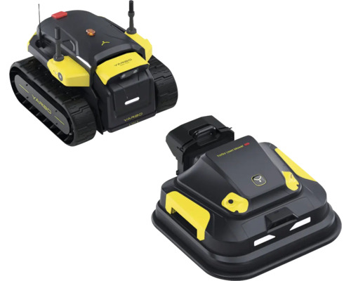 Modulares Yarbo Mähroboter-System mit einer Antriebseinheit auf Raupenketten und einem Mähdeck-Aufsatz.