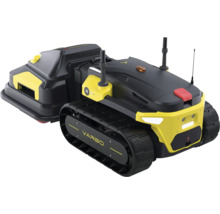 Autonomer Yarbo Mehrzweckroboter für die Gartenpflege mit schwarzem und gelbem Gehäuse und Kettenantrieb.