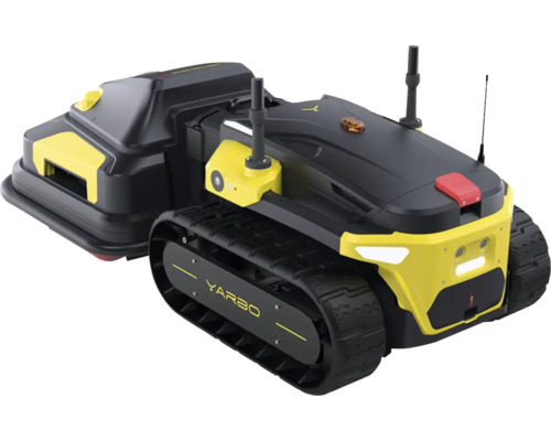 Autonomer Yarbo Mehrzweckroboter für die Gartenpflege mit schwarzem und gelbem Gehäuse und Kettenantrieb.