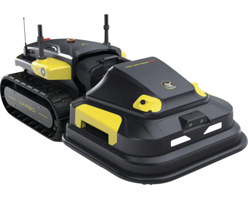 Yarbo Mähroboter mit Raupenantrieb und Sensoren für die automatisierte Rasenpflege.