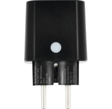 Schwarzer Shelly Plug M Gen3 smarter Zwischenstecker mit Kontrollleuchte und technischen Angaben auf den Steckerstiften.