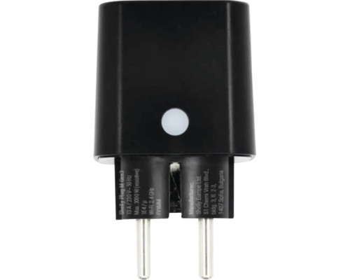 Schwarzer Shelly Plug M Gen3 smarter Zwischenstecker mit Kontrollleuchte und technischen Angaben auf den Steckerstiften.