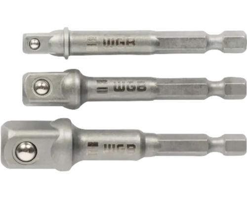 Dreiteiliges Steckschlüssel Adapter Set aus Stahl von WGB für Akkuschrauber und Bohrmaschinen.