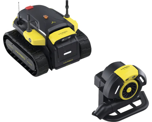 Yarbo modularer Roboter auf Ketten mit Gebläseaufsatz in Schwarz und Gelb.