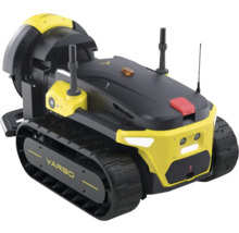 Gelber und schwarzer Yarbo autonomer Mehrzweckroboter mit Raupenantrieb und Sensoren für den Außenbereich.