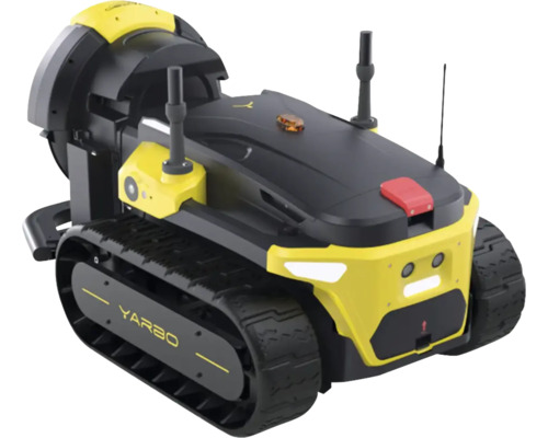 Gelber und schwarzer Yarbo autonomer Mehrzweckroboter mit Raupenantrieb und Sensoren für den Außenbereich.