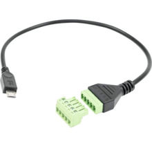 Micro-USB-Kabel auf 5-poligen Klemmenblock, schwarz mit grünen Anschlüssen.