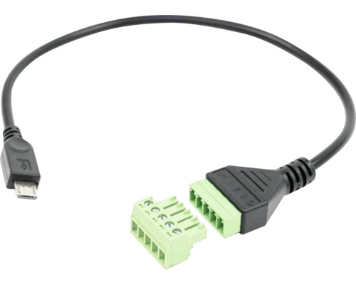 Micro-USB-Kabel auf 5-poligen Klemmenblock, schwarz mit grünen Anschlüssen.