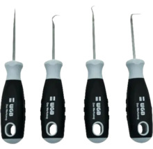WGB Haken und Nadelsatz 4 teilig mit schwarz grauen ergonomischen Griffen und silbernen Spitzen aus Stahl.
