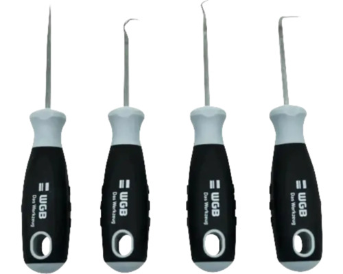 WGB Haken und Nadelsatz 4 teilig mit schwarz grauen ergonomischen Griffen und silbernen Spitzen aus Stahl.