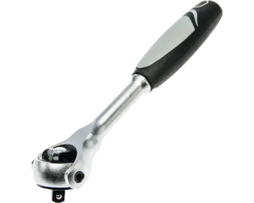Silberne Umschaltknarre aus Metall mit schwarz-grauem ergonomischem Griff und Vierkantantrieb.