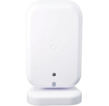 Weißes Somfy Smart Home Gerät mit abgerundeten Ecken, Standfuß, Somfy Logo und Anzeigeleuchten auf der Vorderseite.