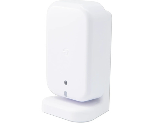 Weißes, rechteckiges Smart Home Gateway mit abgerundeten Ecken und Status-LED auf einem Standfuß.