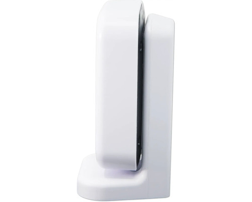 Seitenansicht eines weißen, rechteckigen Tür- und Fenstersensors aus Kunststoff für Smart Home.