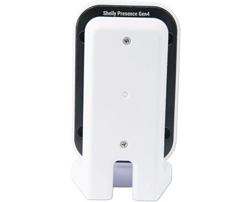 Rückansicht des Shelly Presence Gen4 Präsenzsensors mit weißem Gehäuse und zwei Befestigungsschrauben.