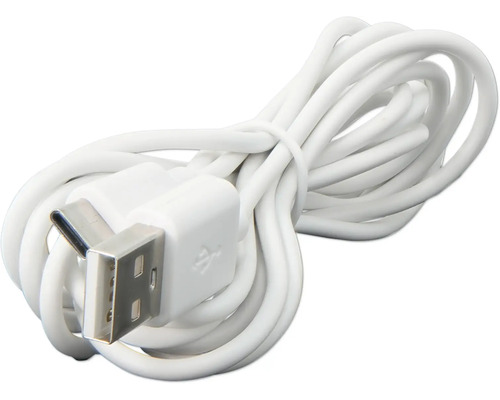 Weißes USB-Kabel mit USB-A- und USB-C-Stecker, aufgewickelt.