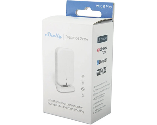 Shelly Presence Gen4 Verpackung mit Smartem Präsenzmelder, kompatibel mit Matter, Zigbee, Bluetooth und Wi-Fi 6.