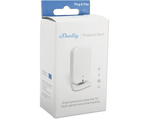 Shelly Presence Gen4 Verpackung für einen smarten Präsenzmelder mit Zonen Tracking und Plug und Play Funktion.