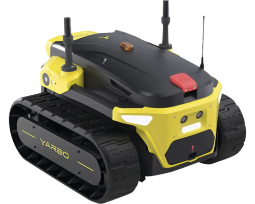 Yarbo modularer Roboter mit Raupenantrieb, Sensoren und Antennen in Gelb und Schwarz.