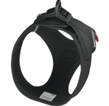 Schwarzes Hundegeschirr aus Mesh-Gewebe mit Klickverschluss und Metallring.