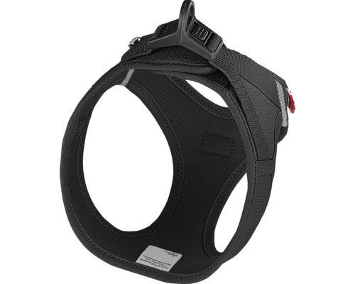 Schwarzes Hundegeschirr aus Mesh-Gewebe mit Klickverschluss und Metallring.