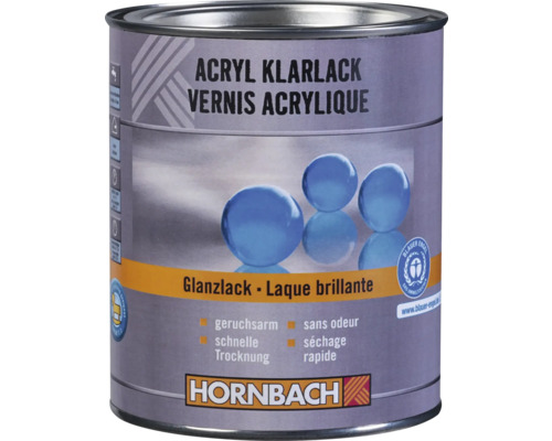 Hornbach Acryl Klarlack glänzend, geruchsarm und schnelltrocknend mit dem Umweltsiegel Blauer Engel. Hornbach Logo.