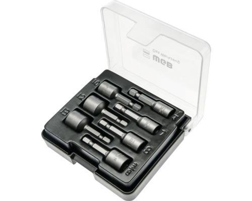 7-teiliges WGB Steckschlüsseleinsatz-Set aus Metall in Kunststoffbox mit Sechskantschaft.